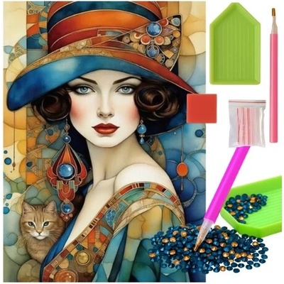 Norimpex Diamantový obrázek malování 30 x 40 cm Elegantní dáma s kočkou – Sleviste.cz