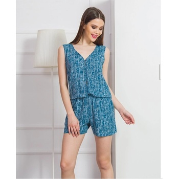 Дамски гащеризон в цвят тюркоаз с бели линии и цветя