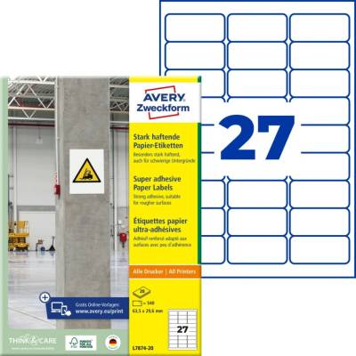 Avery Zweckform L7874-20 Super lepivé etikety 63,5x29,6mm 540 ks bílá