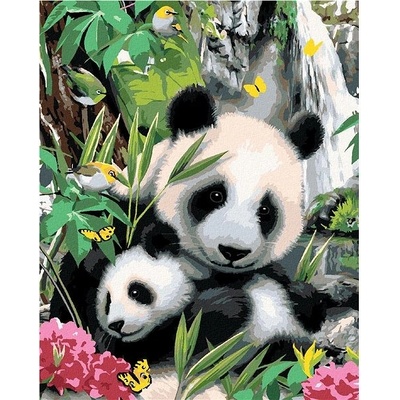 zuty Malování podle čísel panda s mládětem a vodopád Howard Robinson 80 x 100 cm bez rámu a bez vypnu