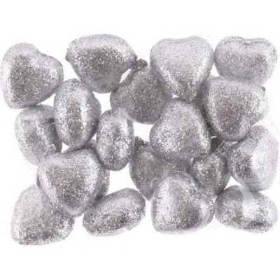 Srdíčka polystyren stříbrné s glitry 20mm - 20ks