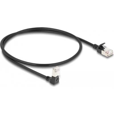 Delock RJ45 мрежов кабел Cat. 6A S/FTP, тънък, с 90-градусова извивка надолу / прав, 0, 5 м, черен