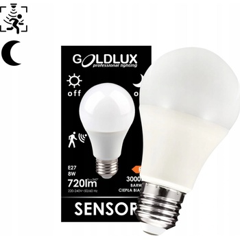 Polux GOLDLUX Polux LED žiarovka E27 A60 8W = 60W 720lm 3000K Warm 360° GOLDLUX Mikrovlnný senzor pohybu + súmraku