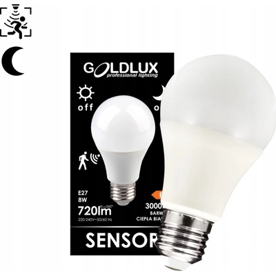 Polux GOLDLUX Polux LED žiarovka E27 A60 8W = 60W 720lm 3000K Warm 360° GOLDLUX Mikrovlnný senzor pohybu + súmraku