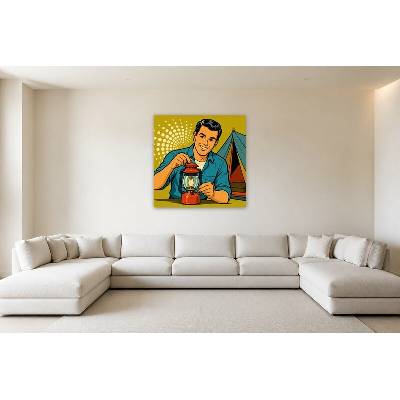 Obraz na plátně – Muž s lucernou před stanem 135 × 135 cm
