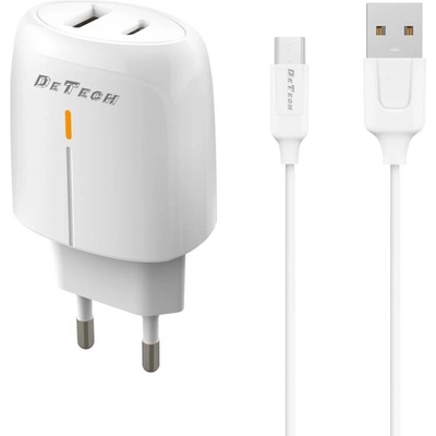 DeTech Мрежово зарядно устройство DeTech DE-31M, 20W, С Micro USB кабел, 1 x Type-C F, 1 x USB F, PD, QC, Бял - 40319
