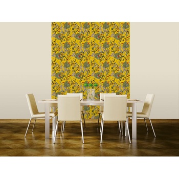 DIMEX ART s. r. o Луксозна флизелинова тапета жълт фон с листа от фикус