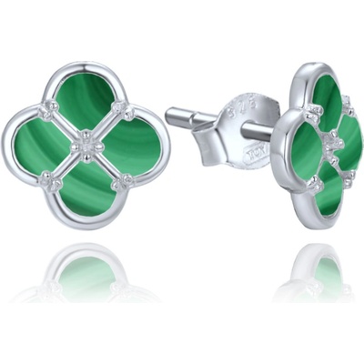 Minet Stříbrné náušnice čtyřlístky s malachitem JMAS7058ZE01