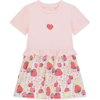 Guess Памучна рокля къс ръкав в розово за мини момиче с плодове Guess