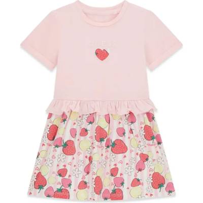 Guess Памучна рокля къс ръкав в розово за мини момиче с плодове Guess