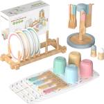 Ginger Home Детски Дървен Сервиз за Хранене 33 части ginger home - Комплект за Ролева Игра с Чинии, Чаши, Прибори и Поставки