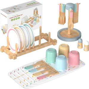 Ginger Home Детски Дървен Сервиз за Хранене 33 части ginger home - Комплект за Ролева Игра с Чинии, Чаши, Прибори и Поставки