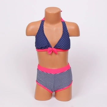 Image 1 of Детски бански в тъмносиньо и цикламено на райе и точки