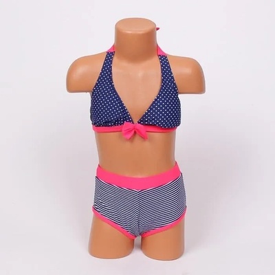 Детски бански в тъмносиньо и цикламено на райе и точки