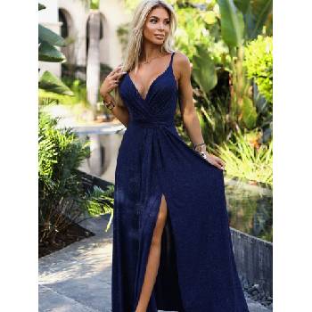 Numoco Елегантна дълга блестяща рокля с деколте и разрез на крачолите - тъмно синя с брокат Numoco JULIET numoco | Sin | ЖЕНИ | S