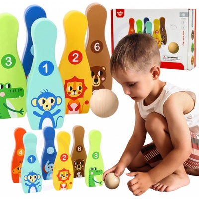 Tooky Toy Dřevěné kuželky pro děti 6 ks + míč