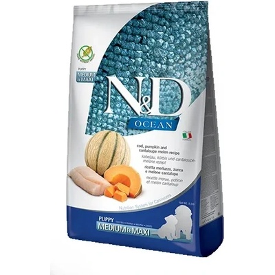 N&D Ocean Dog Cod, Pumpkin & Cantaloupe Melon Puppy Medium & Maxi - Пълноценна суха храна за подрастващи кучета, бременни и кърмещи, от средни и едри породи, без зърно, с риба треска, тиква и пъпеш. 1