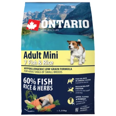 ONTARIO Adult Mini Fish & Rice - пълноценна храна за пораснали кучета от малки породи със седем вида риба и ориз 2, 25 кг, Чехия 214-10575