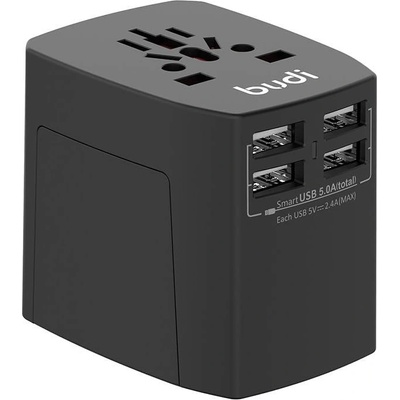 Budi Универсално зарядно устройство Budi, 4x USB, 5A, EU/UK/AUS/US/JP, черно (333)