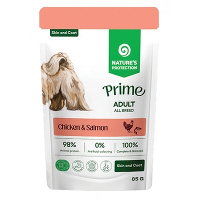 AKVATERA Nature's Protection DOG Prime Adult Dogs All Breeds Skin Coat with Chicken and Salmon, пауч за пораснали кучета от всички породи - хапки в сос с пилешко и сьомга, подпомага здравето на кожата и козината, Литва - 85 гр 210701