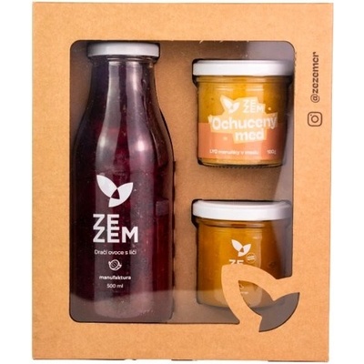 ZEZEM Dárkový balíček ochucený med Džem 150 g: Jahoda, Ochucený med 180 g: Mango, Sirup 500 ml: Malina