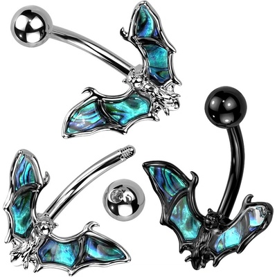Šperky eshop ocelový piercing do pupíku netopýr s křídly z mušle Abalone W47.24 Černá