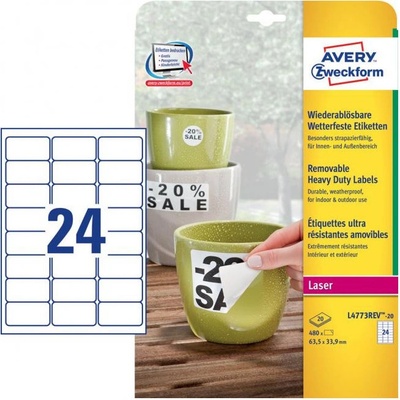 Avery-Zweckform L4773REV-20 63.5 x 33.9 mm prehľad produktov fólie biela 480 ks premiestniteľné Fóliové etikety laser, kópie; L4773REV-20