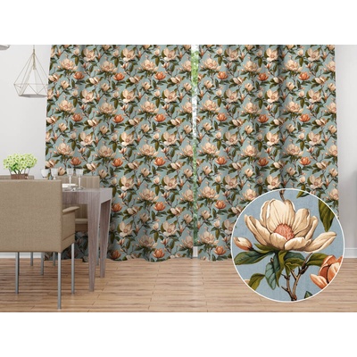 Biante Bavlnený záves Sandra SA-545 Kvety magnólie na sivomodrom 150x140 cm