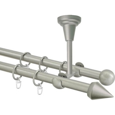 OK-GarnýžeCZ Garnýž kovová dvouřadá 16mm Hrot stříbrná mat 150 cm do stropu / kroužky s háčkem