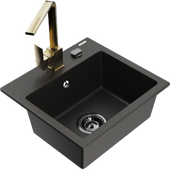 Mexen Milo гранитна кухненска мивка с 1 отделение с кухненски смесител Rita, черен/златист металик - 6505-75-670300-50-B (6505-75-670300-50-B)