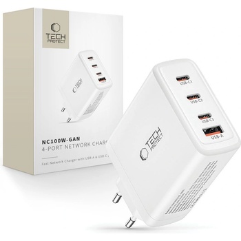 Зарядно Tech- Protect NC100W-GAN charger GaN 3x USB-C PD 100W / USB-A QC 3.0 - white (9490713934814)