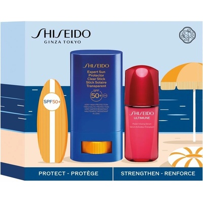Shiseido Expert Sun Protector Clear Stick SPF50+ ochranný gél v tyčinke 20 g + Shiseido Ultimune Power Infusing Serum sérum proti starnutiu pleti 10 ml