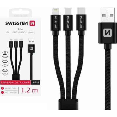 Swissten 72501103 3v1, USB/2x USB-C, Lightning, 1,2m, černý