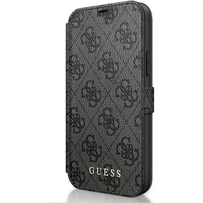 GUESS Charms Collection Booktype Case - дизайнерски кожен калъф, тип портфейл за iPhone 12, iPhone 12 Pro (сив)
