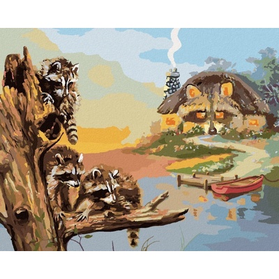 Zuty Malování Podle Čísel Mýval Na Kládě Molo S Loďkou A Chata D. Rusty Rust 40 x 50 Cm Plátn 8596530186014