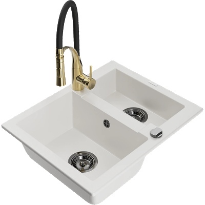 Mexen Carlos гранитна кухненска мивка 1, 5 камери с кухненски смесител Aster, бял - 6518-20-73450-57-B (6518-20-73450-57-B)