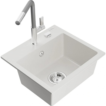 Mexen Milo гранитна мивка с 1 камера и кухненски смесител Flora, бял (6505-20-670401-06)