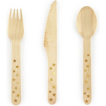 Party Deco Дървени Прибори на Златни Звездички - (1 пакет / 18 бр. )