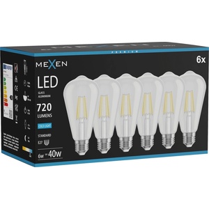 Mexen Vintis 6x LED филаментна крушка E27, ST64, 6W, Студена - 6500K, 720 lm, прозрачна (L152-E27-0665-00x06)