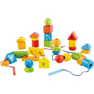 Hape Дървен комплект Hape- Разноцветни кубчета и форми за нанизване (H1019)