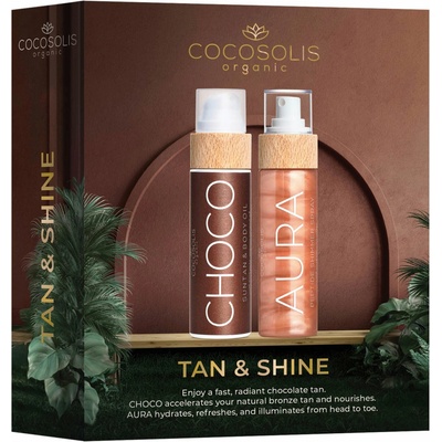 Cocosolis Tan & shine Cocosolis Aura Peptide shimmer spray hydratačný sprej s trblietkami 100 ml + Cocosolis Choco ošetrujúci a opaľovací olej bez ochranného faktoru 110 ml
