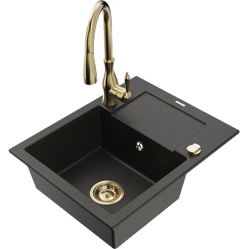 Mexen Enzo гранитна мивка с 1 отделение и отцедник и кухненски смесител Savita, черен/златен металик - 6506-75-672601-50 (6506-75-672601-50)