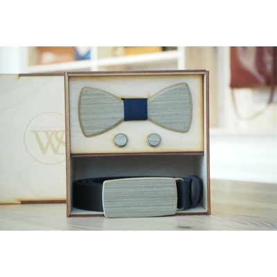 Wood Style Set Kulatý Modrotisk opasek motýlek a manžetové knoflíčky Hnědá Šedé hedvábí