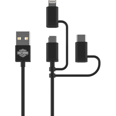 Здрав кабел с въжена оплетка за устройства с Lightning, microUSB и USB-C порт (180 см) - Harley Davidson 3-in-1 USB Universal Cable (черен) (09527)