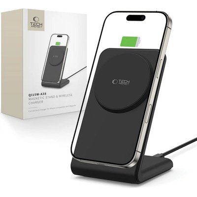 Tech-Protect Безжично зарядно устройство 15W с MagSafe и стойка от Tech Protect QI-A38 - Черно (5906302372195)