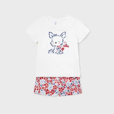 Mayoral Комплект бермуди с цветя в червено и бяла тениска с кученце за бебе момиче Mayoral