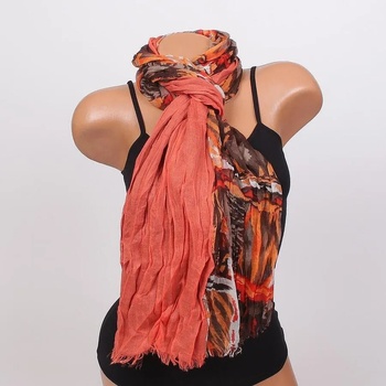 Image 1 of Дамски шал в коралово и кафяво с шарен принт