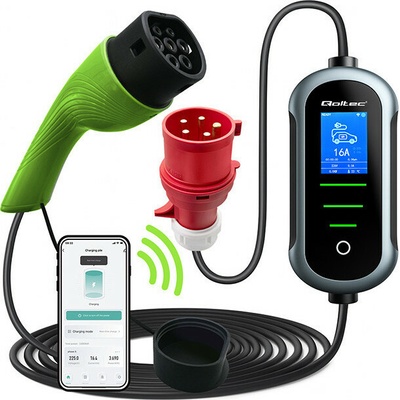 Qoltec EV nabíjačka pre elektromobily s reguláciou 2 v 1 Typ 2 11kW 400V Wi-Fi TUYA SMART LIFE LCD Prenosná Wallbox 5m
