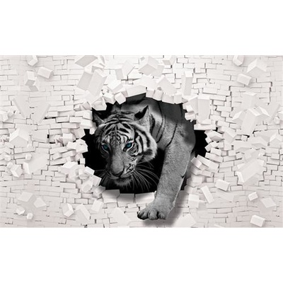 IMPOL TRADE 10400 V8 Vliesové fototapety biely tyger a 3D stena rozmer 254 cm x 368 cm