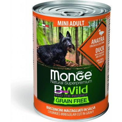 Monge BWild DOG Mini Adult Grain Free Kachní kousky v omáčce s dýní a cuketou 400 g